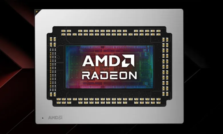 Close-up of an AMD Radeon graphics processing unit (GPU) showing intricate circuitry and the AMD logo.