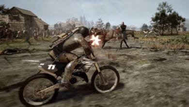 A motorcyclist fires a weapon while speeding through a medieval battlefield. Soldiers on horseback and foot surround them.