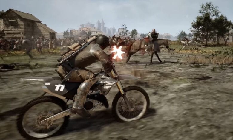 A motorcyclist fires a weapon while speeding through a medieval battlefield. Soldiers on horseback and foot surround them.