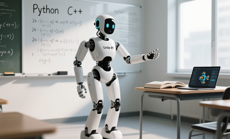 A white humanoid robot, Unitree R1, stands in a classroom, gesturing towards a whiteboard with Python and C++ code.