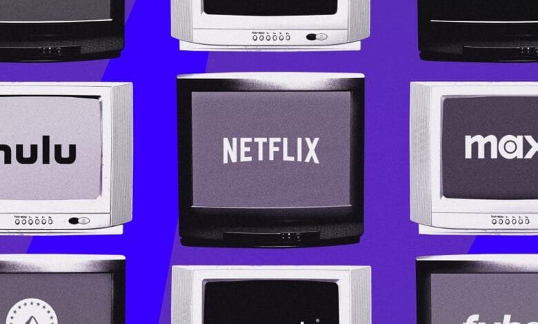 Retro TVs displaying streaming service logos: Netflix, Hulu, Max, and others. A vibrant purple background.