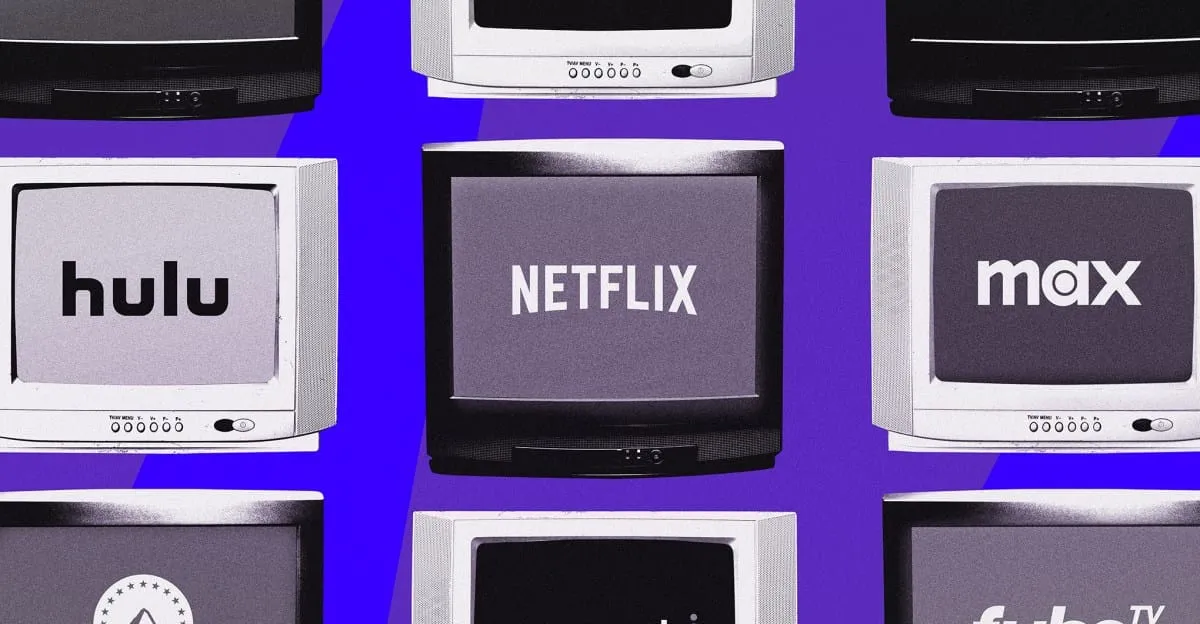Retro TVs displaying streaming service logos: Netflix, Hulu, Max, and others. A vibrant purple background.