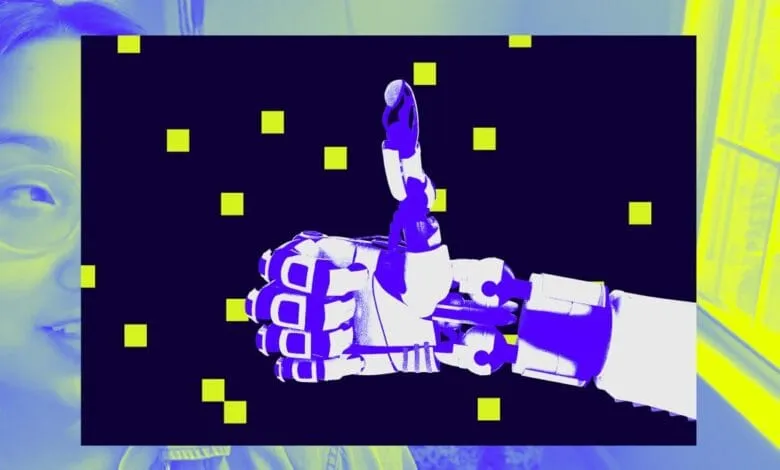 Robotic thumb gives thumbs-up next to a person's face, both in blue and yellow.