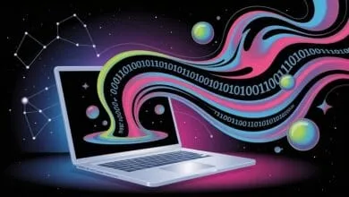 A laptop displays a vibrant, swirling stream of binary code flowing into space, accompanied by constellations and planets.