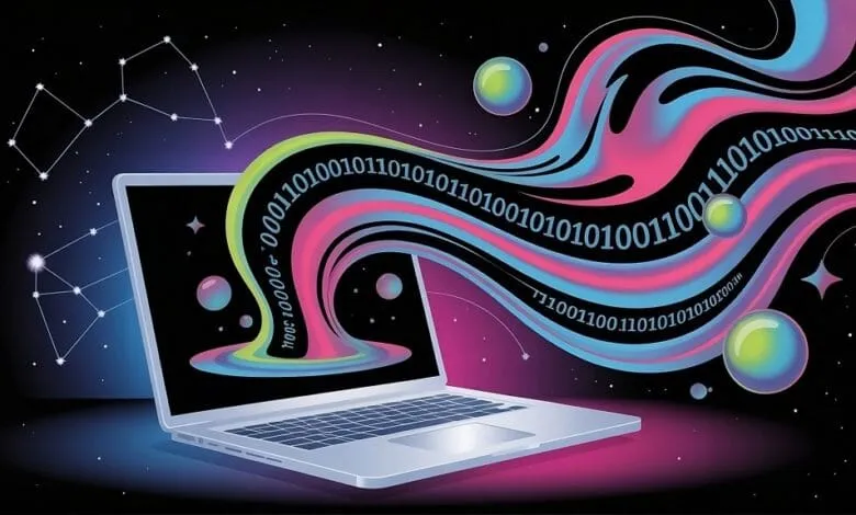 A laptop displays a vibrant, swirling stream of binary code flowing into space, accompanied by constellations and planets.