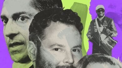 A stylized portrait collage featuring Mark Harris, Stability AI CEO, and other tech figures against a purple and green background.