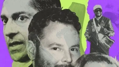 A stylized portrait collage featuring Mark Harris, Stability AI CEO, and other tech figures against a purple and green background.