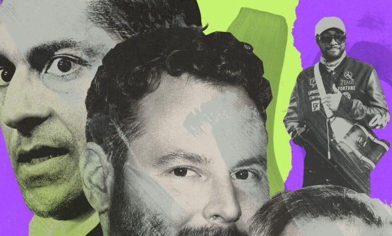 A stylized portrait collage featuring Mark Harris, Stability AI CEO, and other tech figures against a purple and green background.