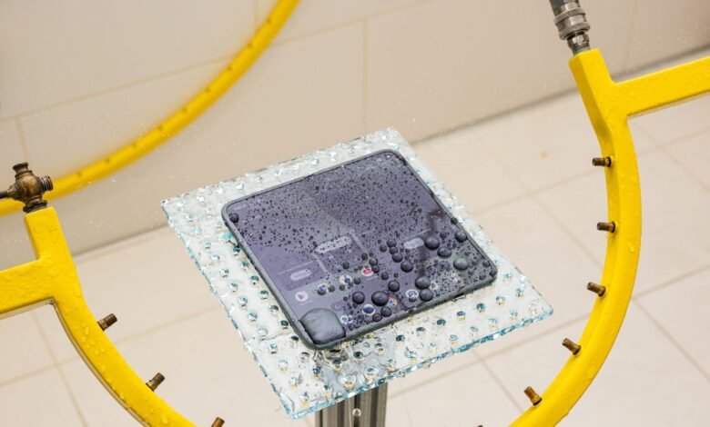 Smartphone undergoing water resistance test, covered in water droplets.