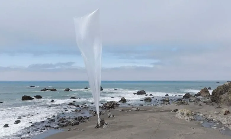 A long, thin, clear plastic bag floats upright on a windswept beach near the ocean, rocks and waves visible in the background.