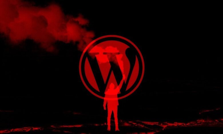Stylized WordPress logo in red, superimposed on a shadowy figure against a dark, red-tinged background.