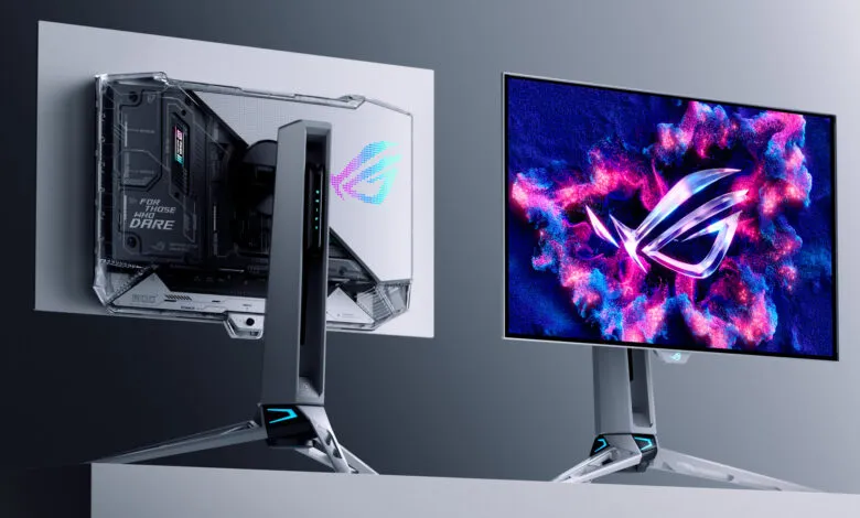 ROG gaming monitor shown from front and back, showcasing its sleek design and internal components. RGB lighting accents the futuristic aesthetic.