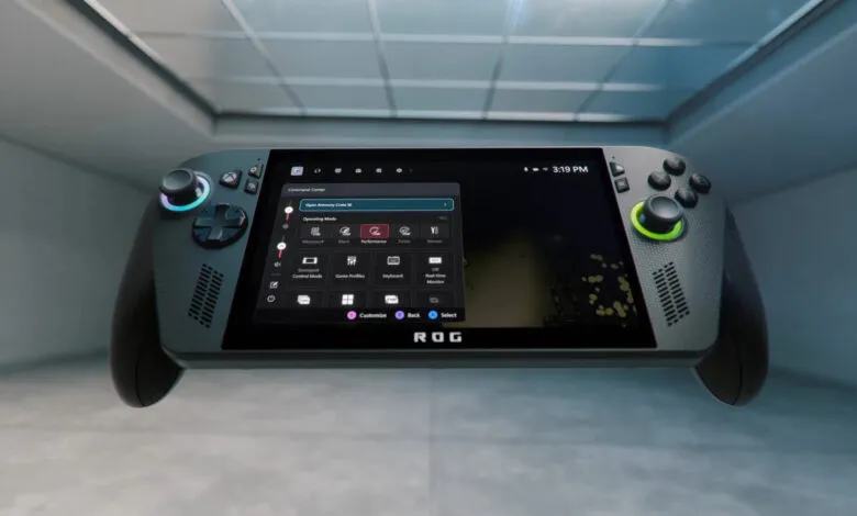 ROG Ally handheld gaming device showcasing its control panel and Armoury Crate SE software interface.
