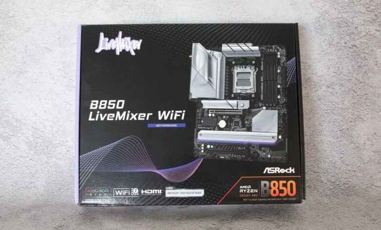 ASRock B850 LiveMixer WiFi motherboard box showing the motherboard and key features.