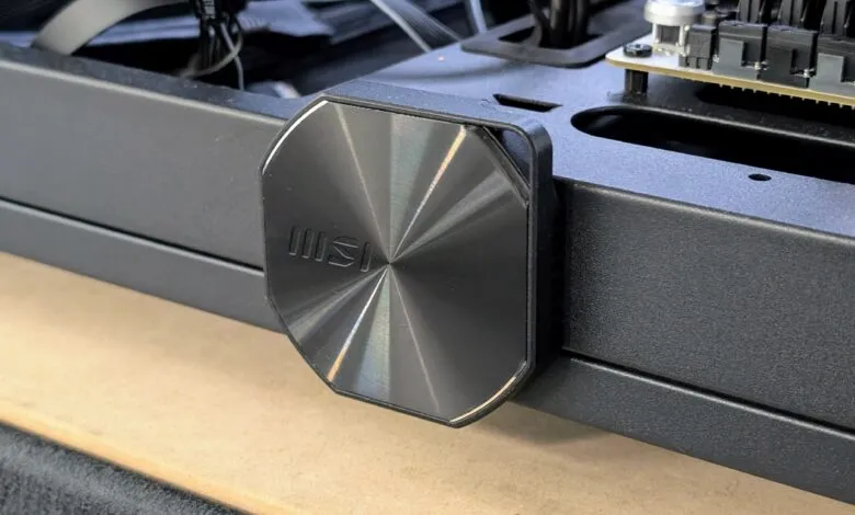 Close-up of a black MSI logo on a computer component.