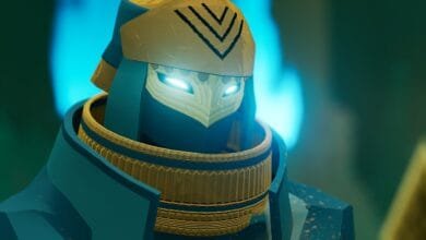 Close-up of a stylized robotic figure with a gold and teal helmet, glowing blue eyes, and intricate detailing.