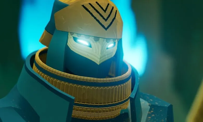 Close-up of a stylized robotic figure with a gold and teal helmet, glowing blue eyes, and intricate detailing.