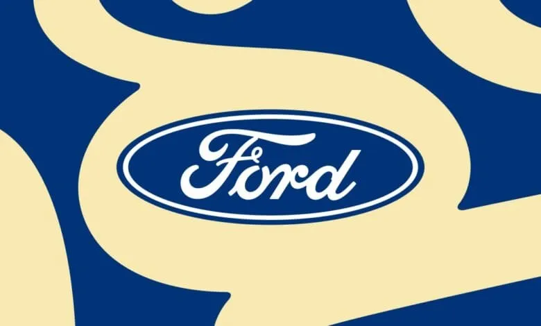 Ford logo in white script on a navy blue oval, set against a background of pale yellow and navy blue abstract shapes.