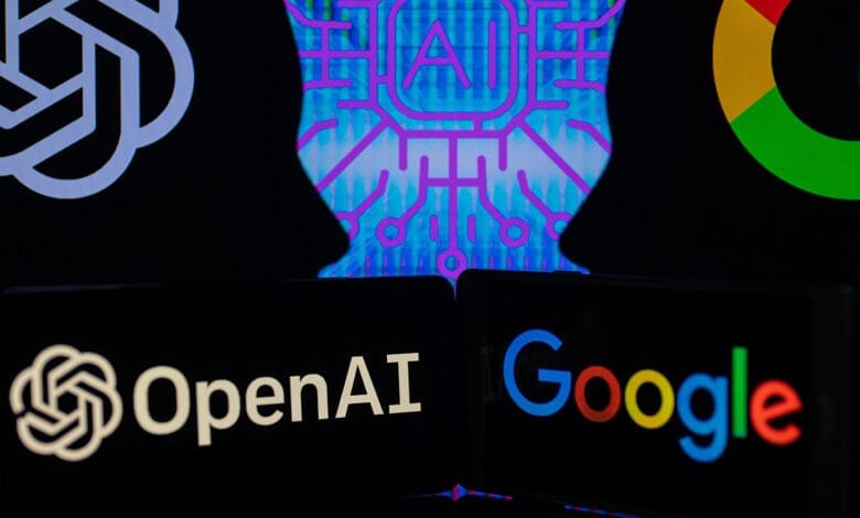 Google and OpenAI logos displayed on mobile screens against a backdrop of AI circuitry. Represents the competition in AI.