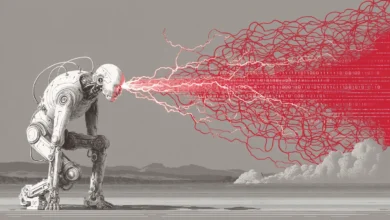 Robot emitting red energy pulses and data streams; futuristic, powerful image.