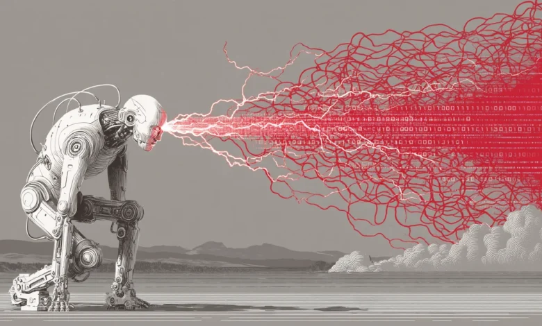 Robot emitting red energy pulses and data streams; futuristic, powerful image.