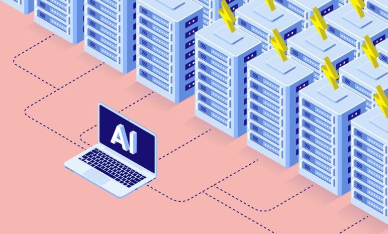 AI-powered servers consuming energy; isometric illustration.