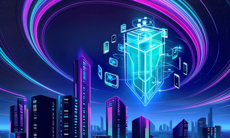 Futuristic cityscape with glowing skyscrapers and a teal crystal-like data center at its center, surrounded by orbiting digital devices.