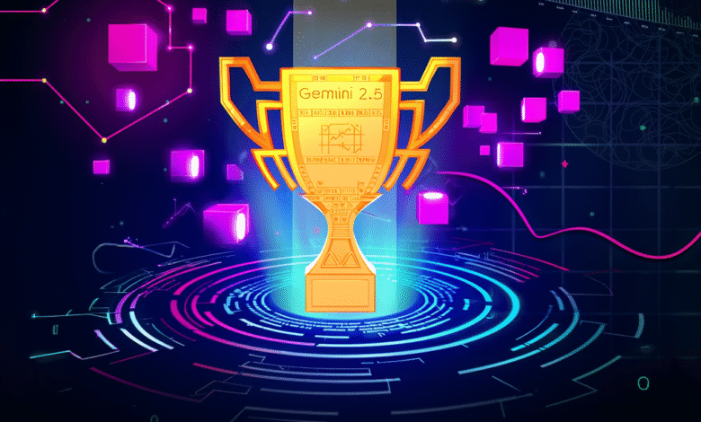 A golden trophy with 'Gemini 2.5' inscribed sits on a futuristic, glowing platform surrounded by vibrant pink and blue data visualizations.