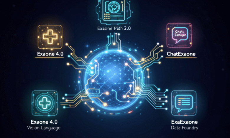 Diagram showing Exaone's AI platform, featuring interconnected modules for vision language, chat, data foundry, and path 2.0.