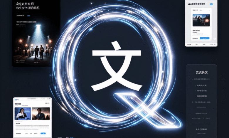 A stylized 'Q' with light trails surrounds website and app mockups showcasing features and design.