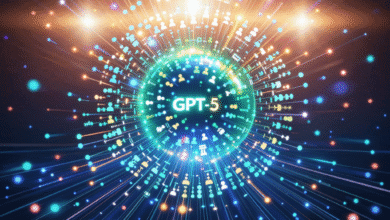 Abstract graphic of GPT-5 surrounded by a network of interconnected nodes, radiating outward in a burst of light.