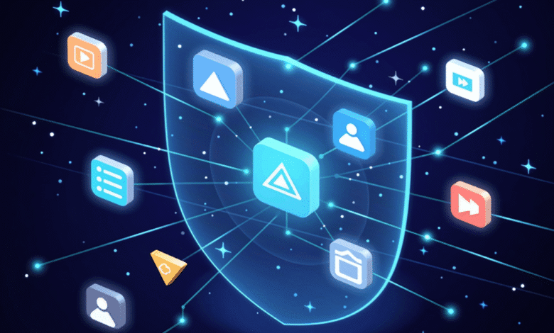 Abstract illustration of a glowing blue shield protecting various app icons connected by lines, symbolizing data security.