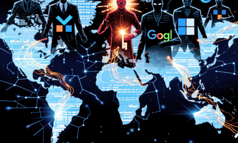 Hacker holding key, surrounded by tech logos on a world map, symbolizing global cybersecurity vulnerability.