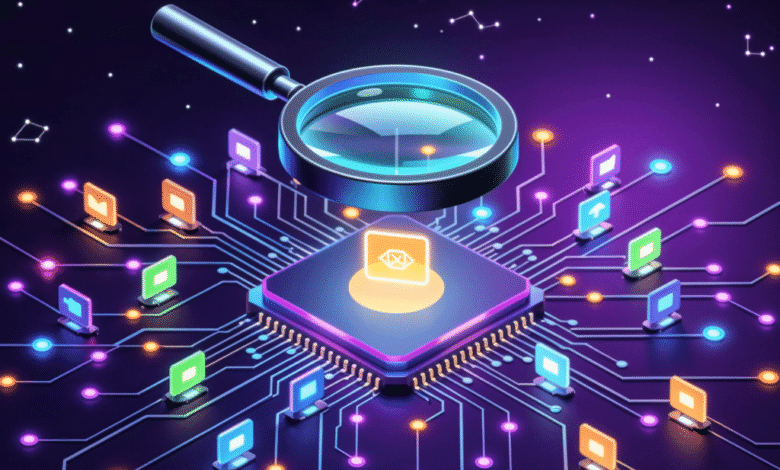 Magnifying glass over email icon on computer chip; circuit board with data points. Email security concept.