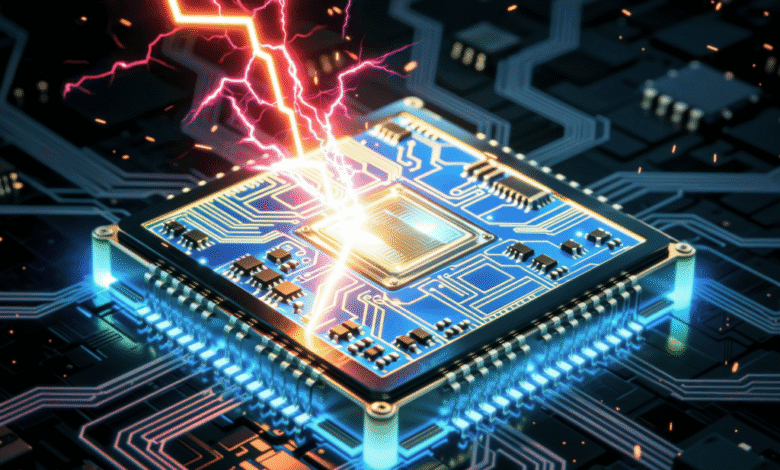 Close-up of a computer chip with a bolt of lightning striking its center, glowing blue and orange.