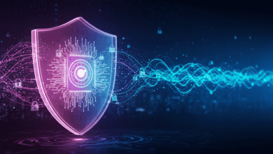 Cybersecurity shield: A glowing digital shield with circuit board design, symbolizing data protection and online security.