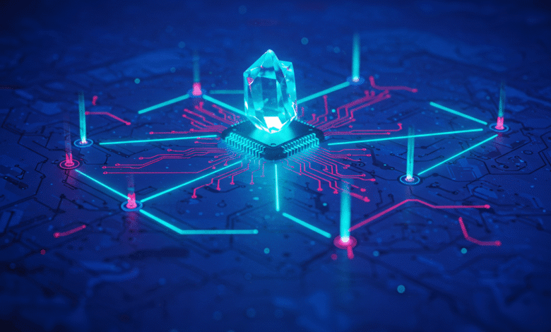 A glowing crystal sits atop a computer chip, connected to a circuit board with vibrant teal and pink lines.