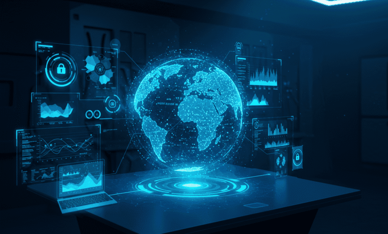 Global network data visualized as a glowing blue Earth with interactive charts and graphs on a laptop and table.