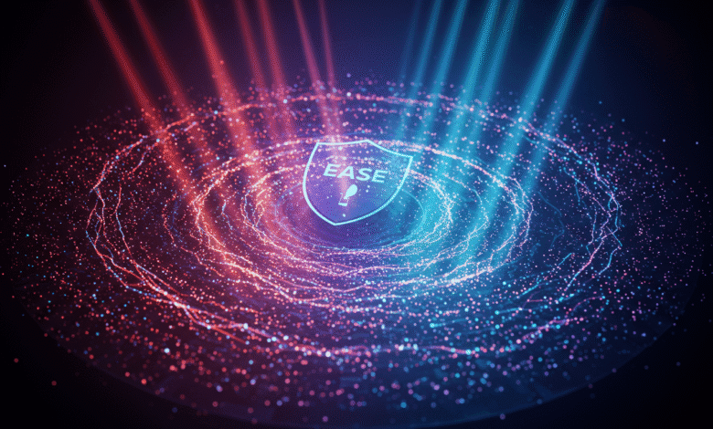 A glowing shield with the word 'EASE' and a key icon inside, surrounded by swirling particles of light in shades of pink and blue.
