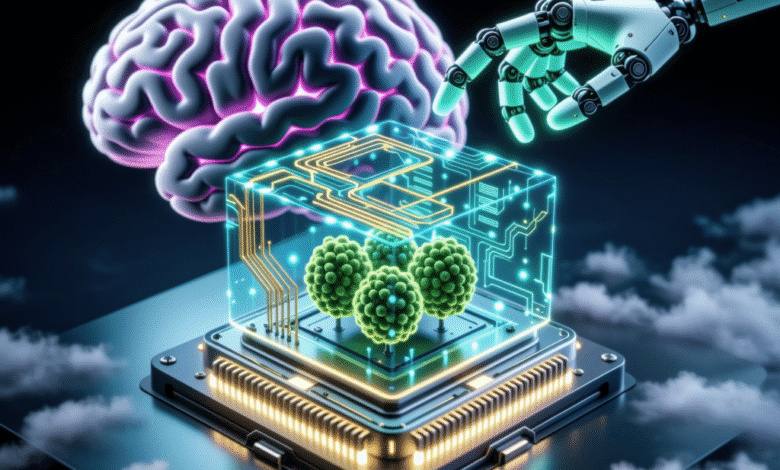Robotic hand interacts with a transparent cube containing digital trees on a circuit board, a brain in the background.