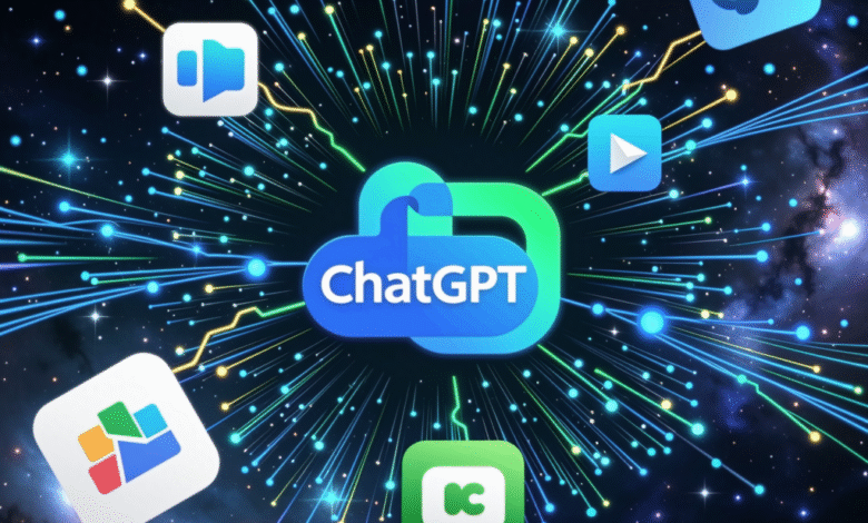 ChatGPT logo at center, surrounded by various app icons connected by glowing lines against a dark space background.