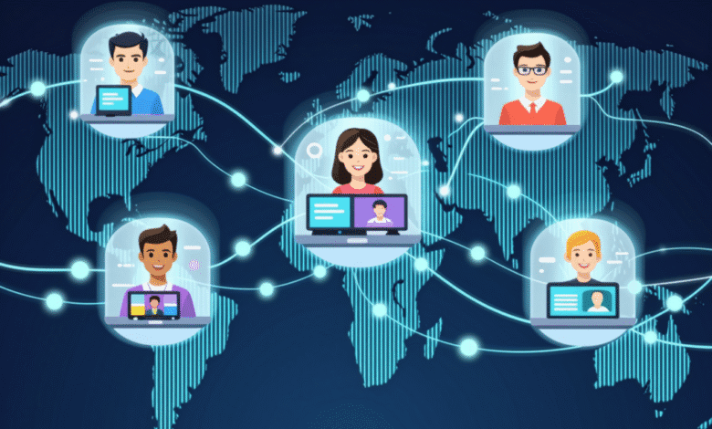 Diverse group of people video conferencing across the globe, connected by glowing lines on a world map.