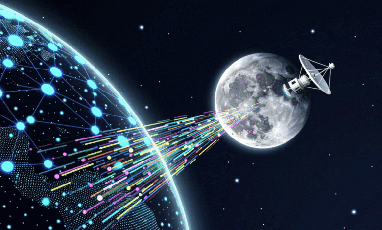 Satellite transmits colorful data streams to Earth, connecting a glowing network across the globe.