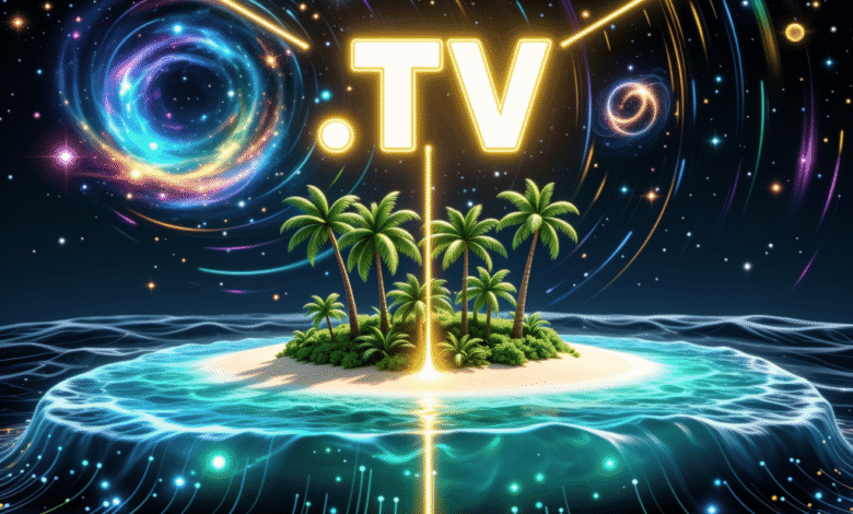 Tropical island paradise with .TV domain name glowing above, surrounded by swirling cosmic energy.