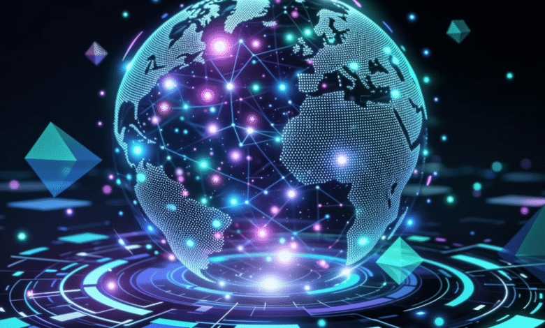Glowing digital globe with interconnected nodes, representing global network connectivity.