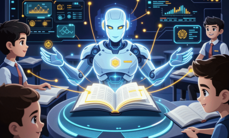 A futuristic robot teacher instructs students in a classroom setting, using a holographic book and interactive displays.