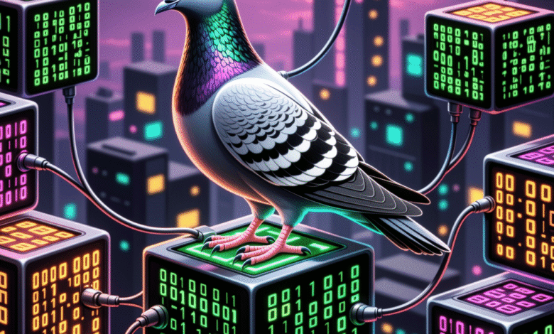 A realistic-looking pigeon perched atop a glowing data cube in a futuristic cityscape, connected to other cubes by wires displaying binary code.