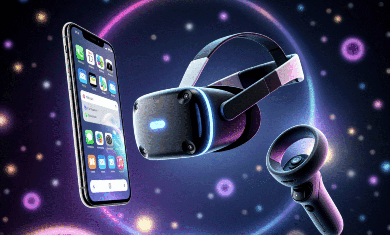 Smartphone, VR headset, and controller float against a dark background with glowing circles. Represents virtual reality technology.