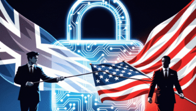 US and UK flags flanking a glowing digital padlock, symbolizing cybersecurity collaboration.