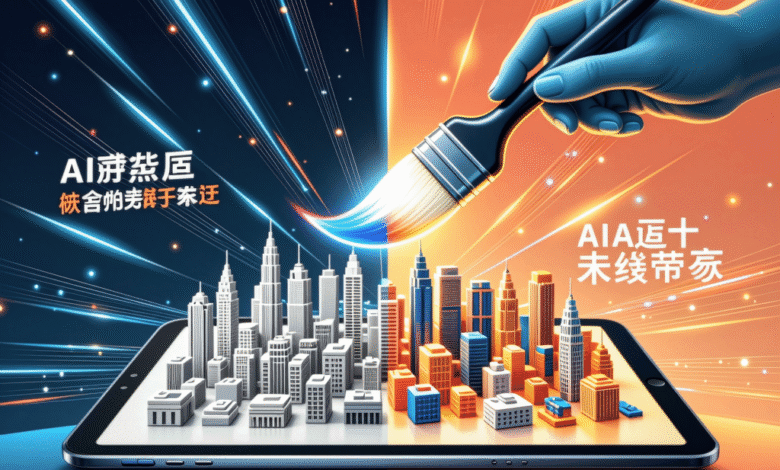 A hand paints a cityscape on a tablet, symbolizing AI's role in urban development. Vibrant colors and dynamic light streaks.